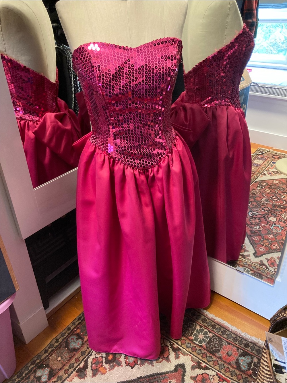 JReynolds Vintage Tea-Length Sequin Strapless Fuchsia Dress, Size 8 “AS-IS”